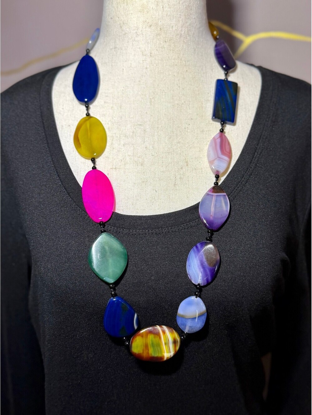 Multicolor Agate Stone Statement Necklace Chunky Polished Beaded Boho Jewelry